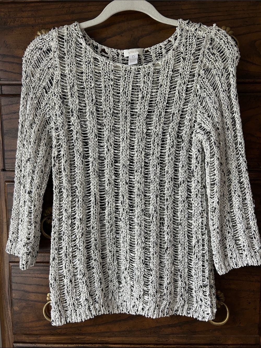 Chico's Open-Weave Cream and Black Crewneck Sweater